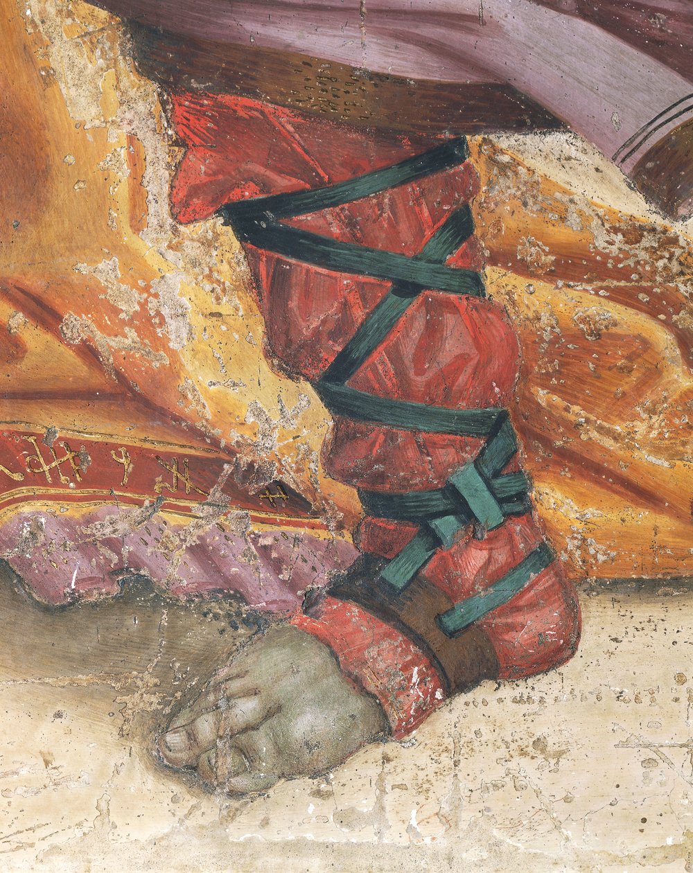 Saint Philip Driving Dragon z chrámu Hieropolis, detail obuvi, freska od Filippino Lippi