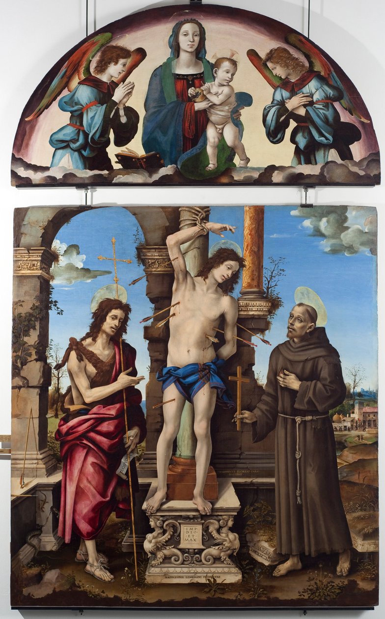 Svatý Šebestián obklopený svatým Janem Křtitelem a svatým Františkem z Assisi Centrální panel. Up panna má dítě. Malba na dřevě od Filippa Lippiho (1451-1504) Rozm. 298x185 cm Musei di Strada Nuova (ex Palazzo Bianco), Genes od Filippino Lippi