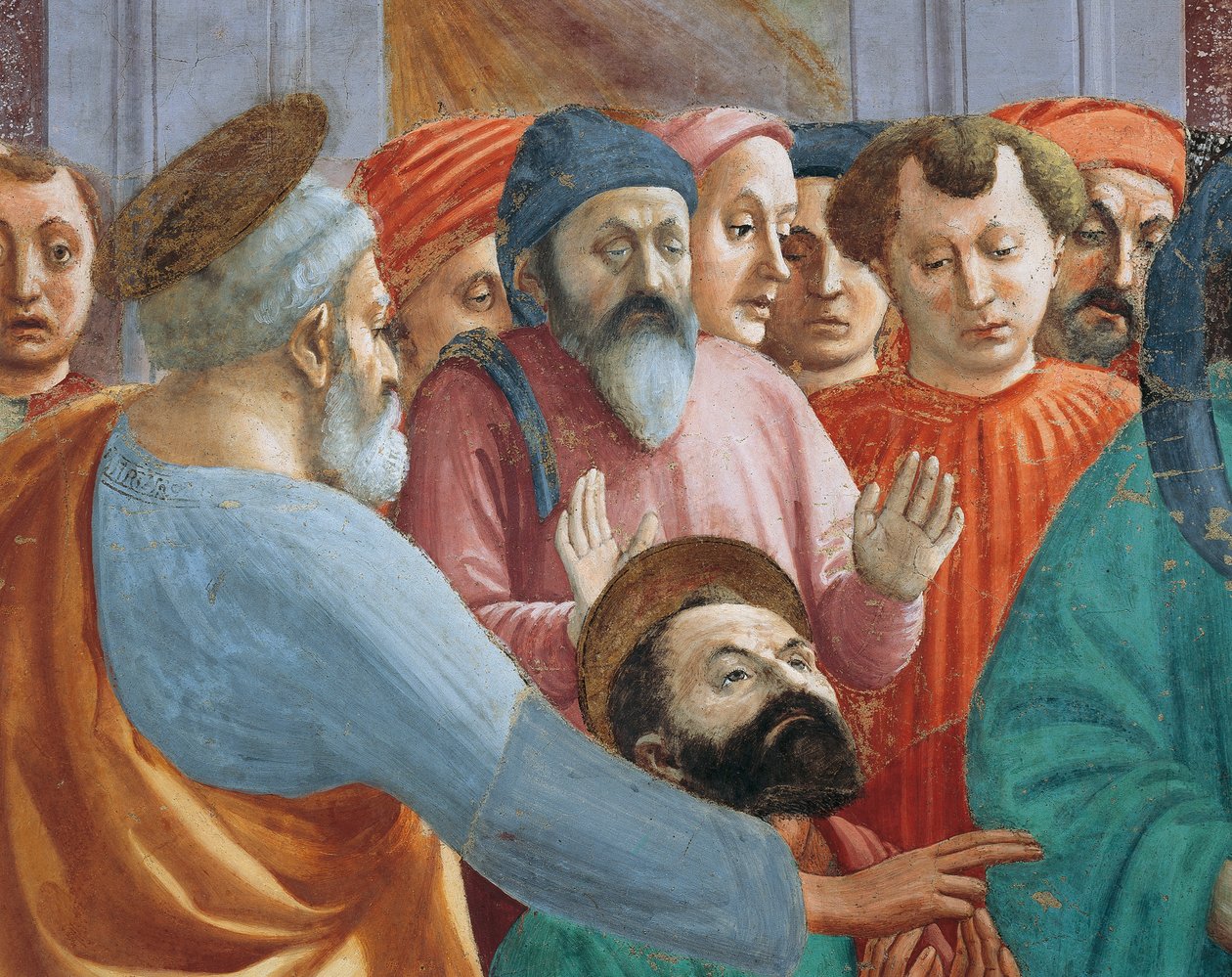 Svatí a dav, detail ze Vzkříšení Theophilova syna, Tommaso Masaccio, freska od Filippino Lippi