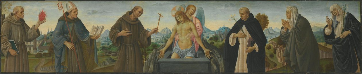 Muž bolestí a šest světců (svatý Antonín Paduánský, Ludvík z Toulouse, František, Dominik, Klára a Kateřina Sienská) od Filippino Lippi