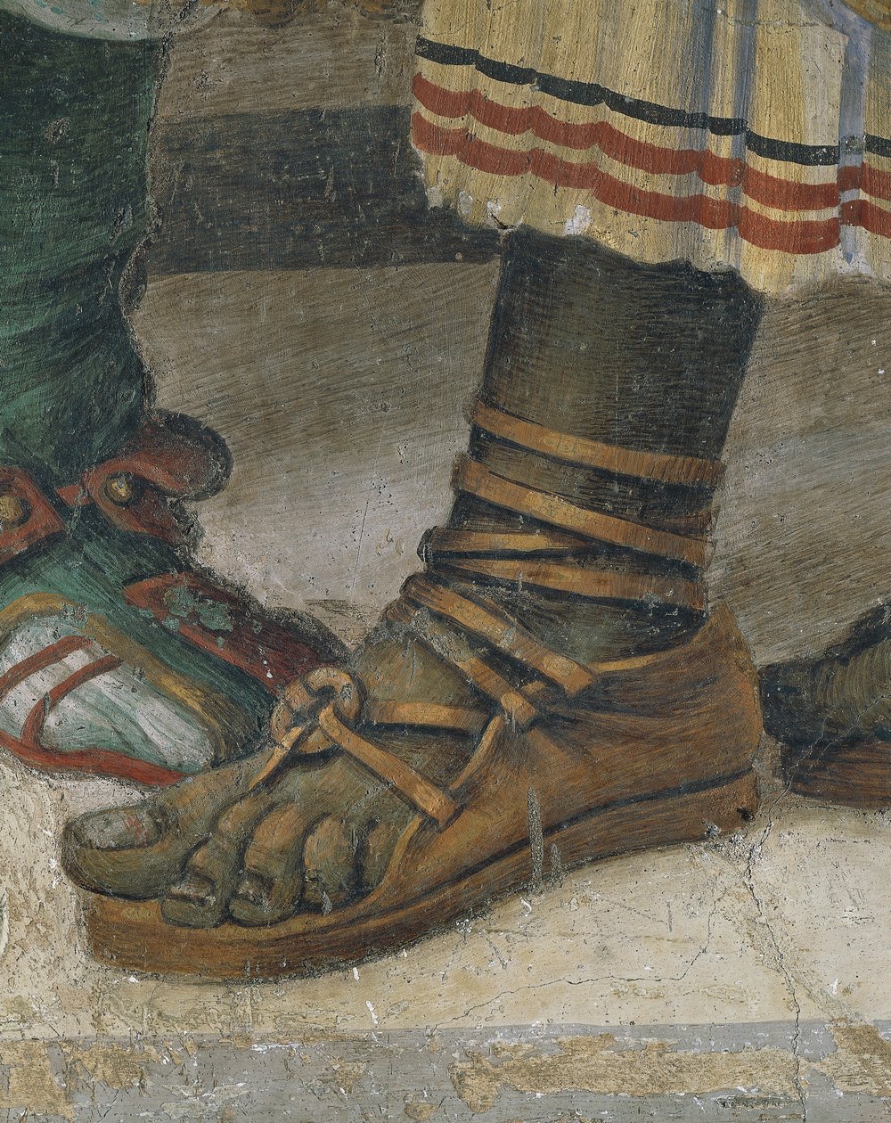 St. Philip řídí draka z chrámu Hieropolis, detail obuvi, freska od Filippino Lippi