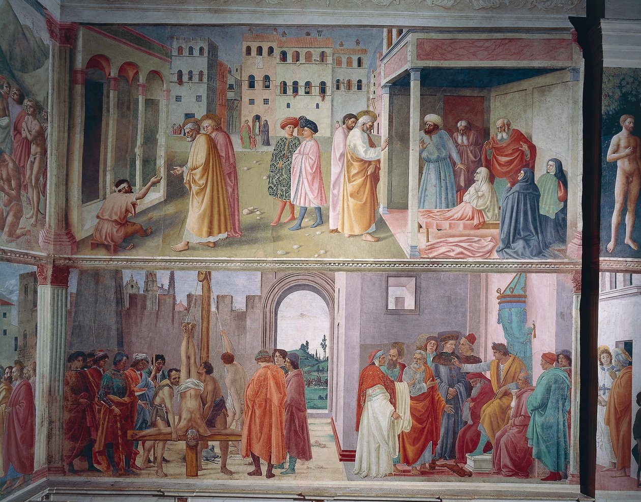 Uzdravení mrzáka a vzkříšení Tabity od Masolina da Panicale, Svatý Petr před Neronem a Umučení svatého Petra od Filippina Lippiho, fresky. od Filippino Lippi
