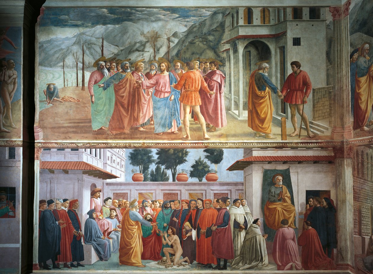 Pocta peněz, Tommaso Masaccio, Vzkříšení syna Theophila a svatého Petra na trůn, Tommaso Masaccio a Filippo Lippi, fresky od Filippino Lippi