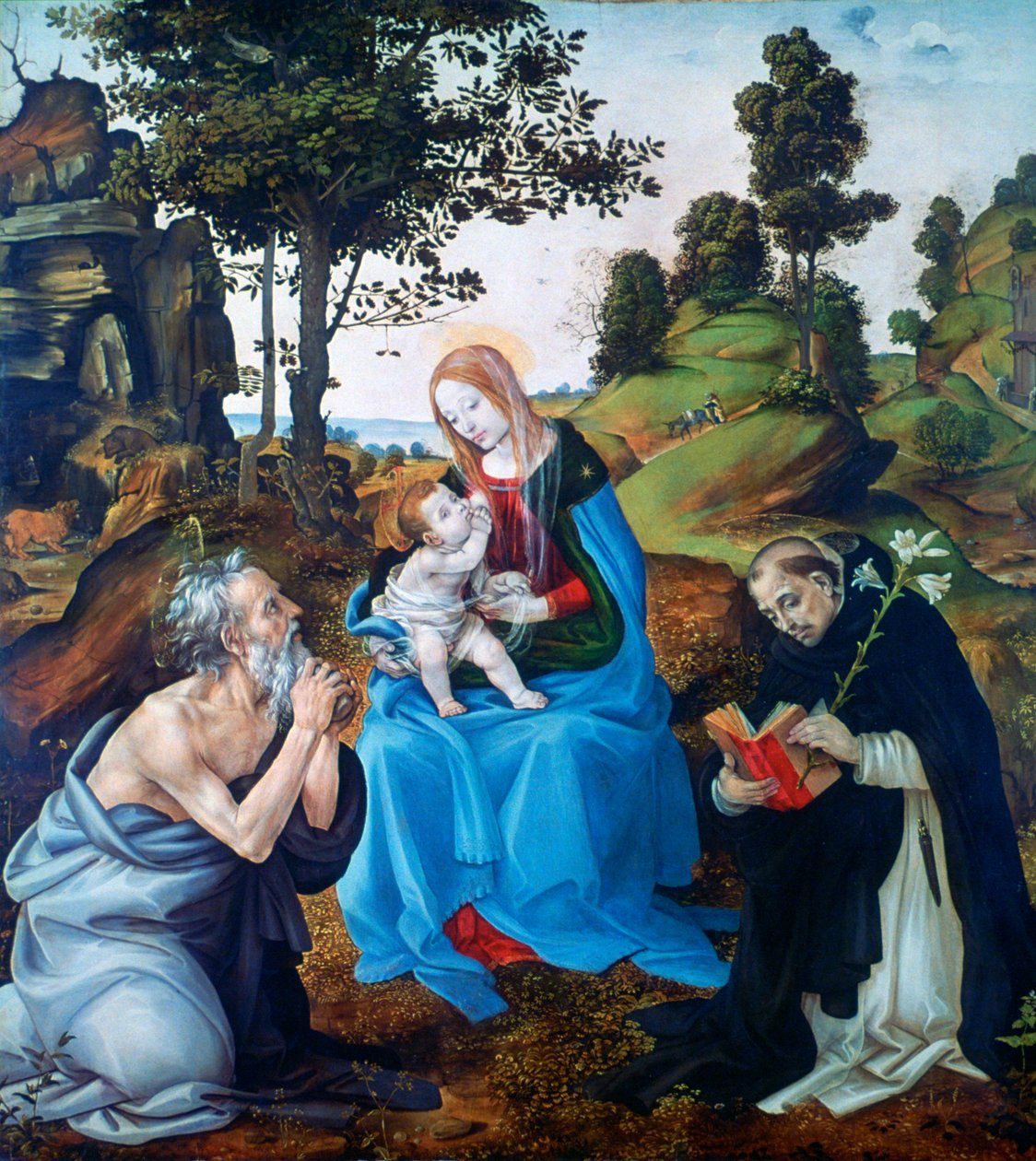 Panna a dítě se svatými Jeronýmem a Dominikem, c1485 od Filippino Lippi
