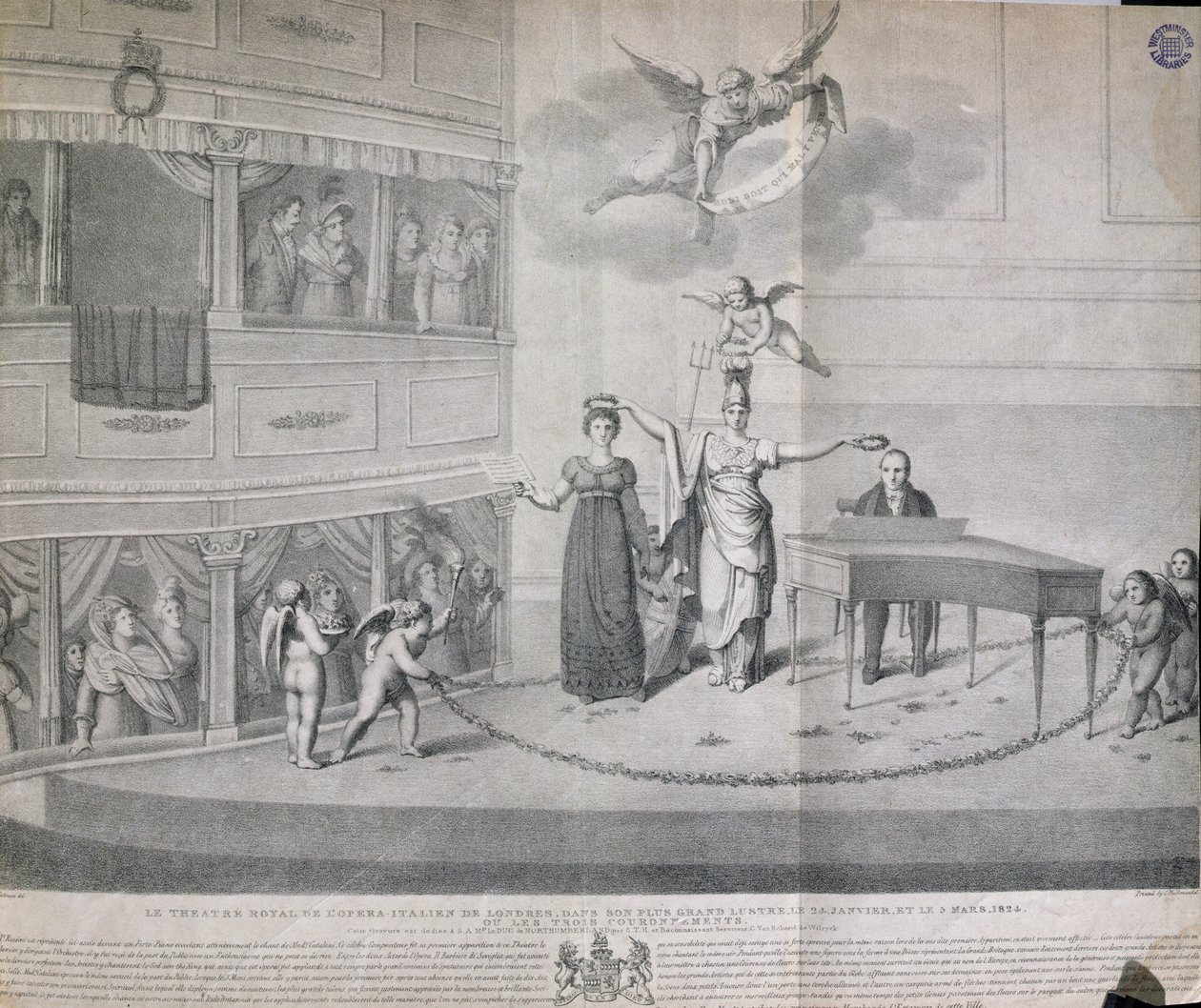 Královské divadlo italské opery v Londýně ve svém největším lesku 24. ledna a 3. března 1824 nebo Tři koruny, tisk Charles Hullmandel (1789-1850), 1824 od Filippo Pistrucci