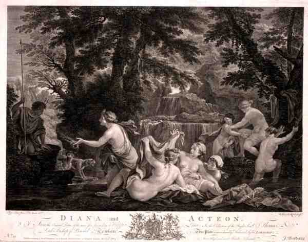 Diana a Acteon, vyryl William Woollett (1735-85), vydal J. Boydell od Filippo (after) Lauri