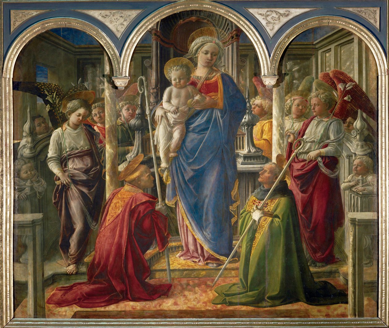 Madona s dítětem a anděly a svatí Frediano a Augustin, zvaný "Pala Barbadori"... od Filippo (workshop of) Lippi