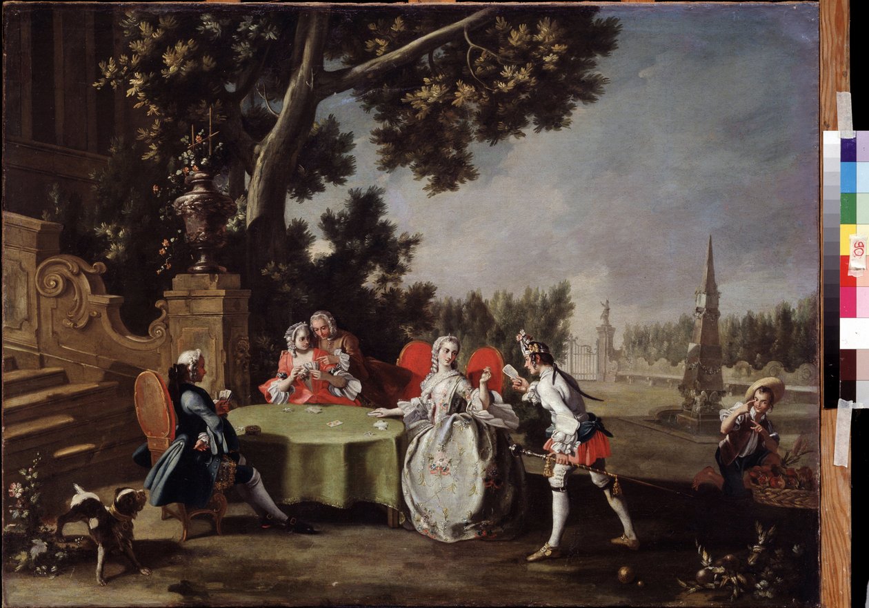 ""The Card Party"" Skupina italské šlechty hrající karty v zahradě. Obraz Filippa Falciatoreho (1718-1768) Puškinovo muzeum z 18. století, Moskva od Filippo Falciatore