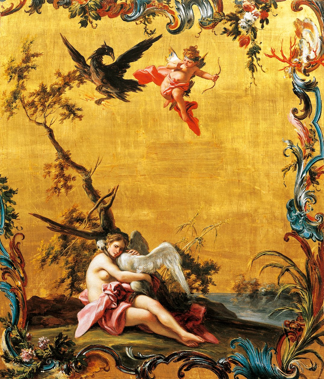 Leda a labuť, Filippo Falciatore (aktivní 1737-1768), olej na panelu. od Filippo Falciatore