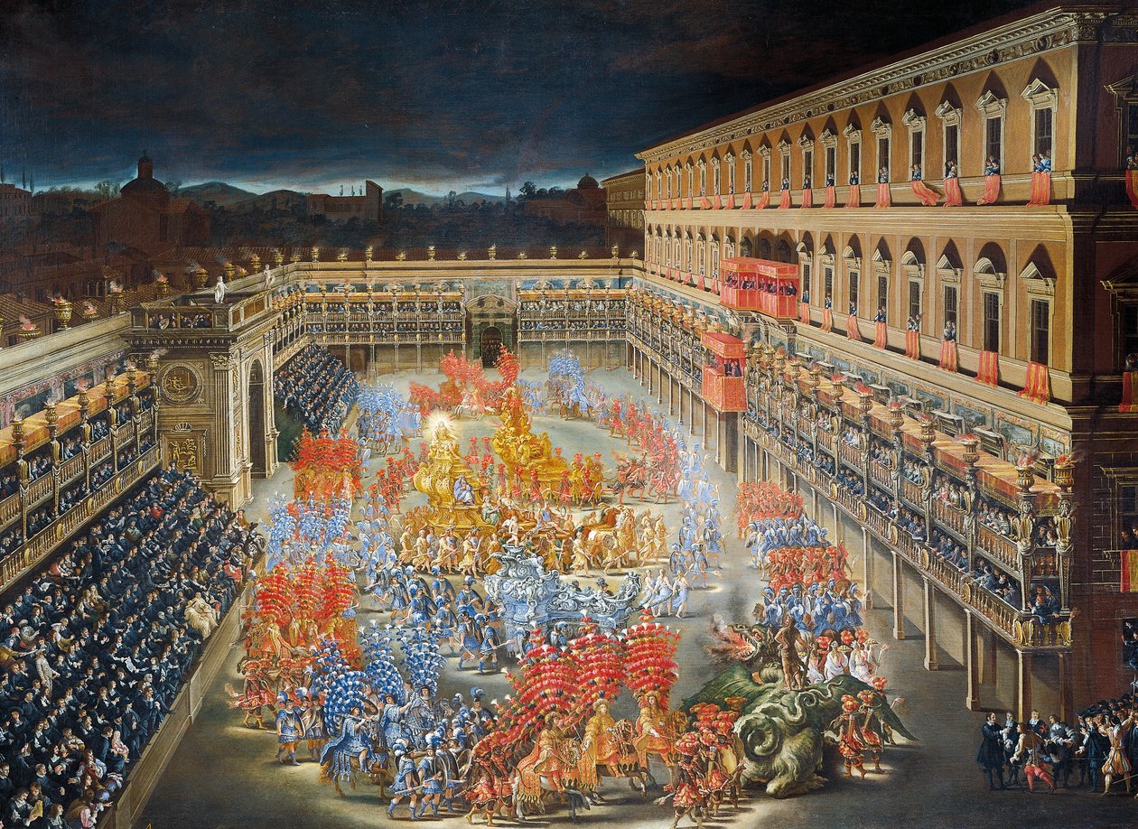 Oslavy v Palazzo Barberini na počest příjezdu královny Kristiny Švédské do Říma v roce 1656, obraz Filippo Lauri (1623-1694) a Filippo Gagliardi (1606-1659), Detail od Filippo and Gagliardi Filippo Lauri