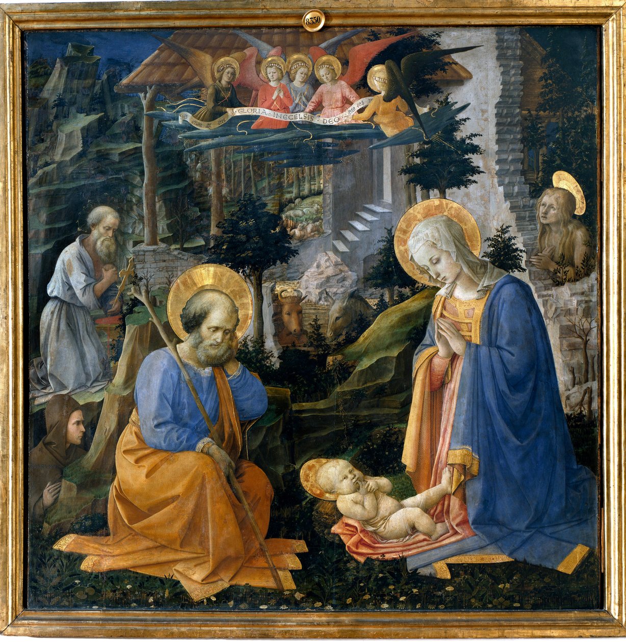 Klanění dítěte se svatým Jeronýmem, svatým Hilarionem, svatou Madeleine a anděly Detrempe na dřevě od Filippa Lippiho (1406-1469) 1455 kolem Florencie, Galleria degli Uffizi (kanceláře) - Klanění se sv. Josefem, sv. Jeronýmem, Máří Magdalenou a sv. Ila od Filippo Lippi