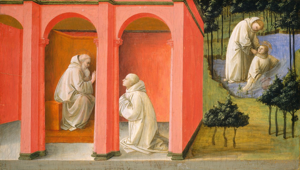 Svatý Benedikt nařizuje svatého Maura k záchraně svatého Placiduse, c. 14451450. od Filippo Lippi