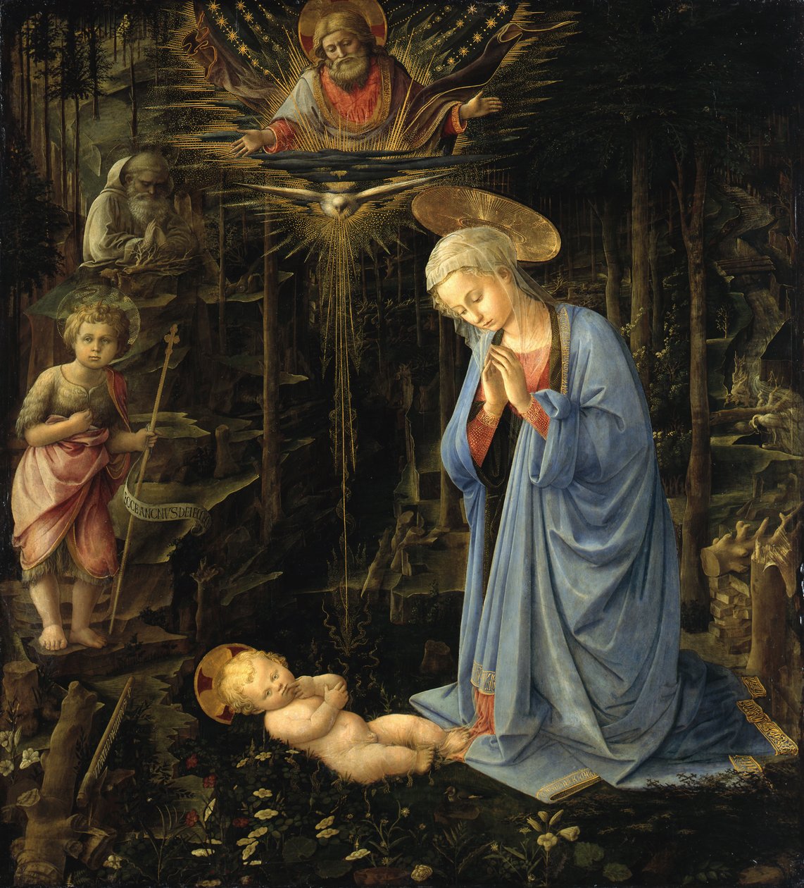 Klanění Panny Marie Dítěti / Klanění v lese, Svatá rodina s mladým svatým Janem od Filippo Lippi