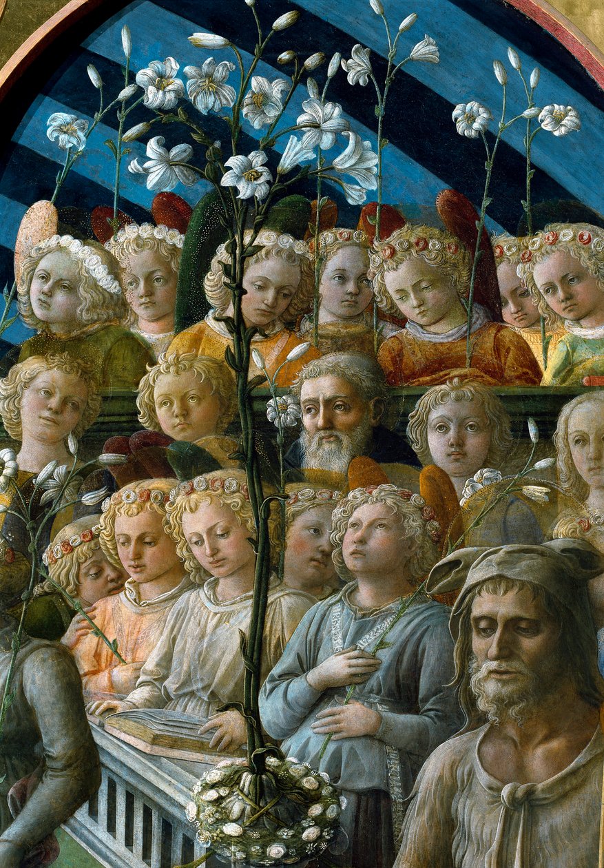 Korunovace Panny Marie Detail sborových andělů držících květy lilií. Postava vpravo dole je svatý Jan Křtitel, patron Florencie. Obraz Filippa Lippiho (1457-1504) od Filippo Lippi