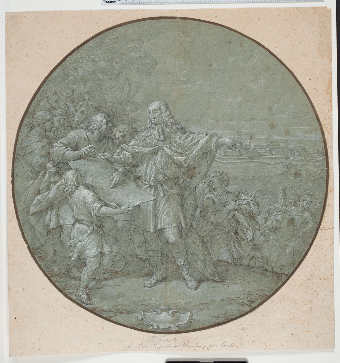 Cosimo III opevňuje přístav Livorno. Kreslená šablona pro stříbrný talíř, jeden z tzv. "piatti di S. Giovanni" od Filippo Luzi