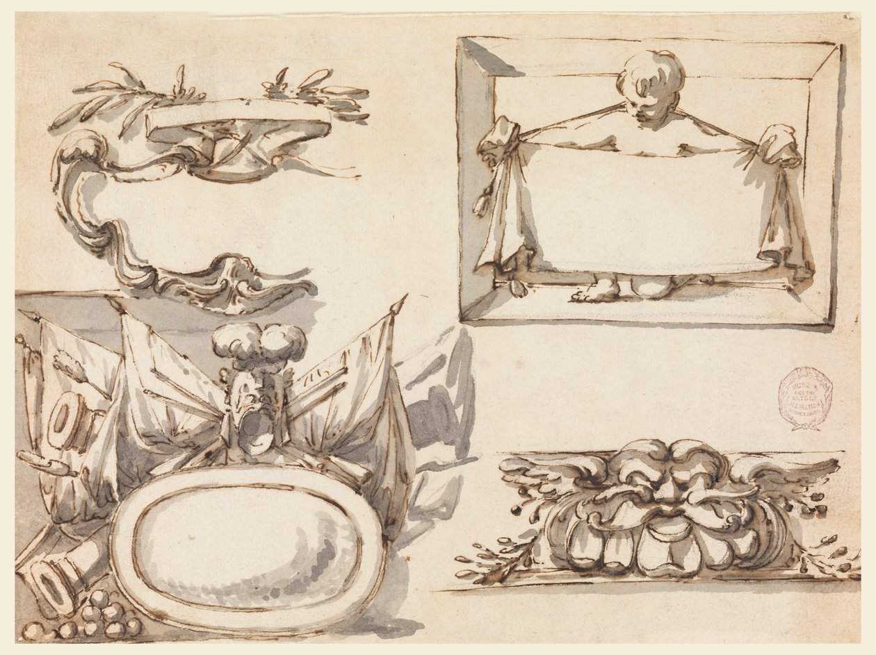 Kresba, Rozeta, trofej, štítek, dekorativní motiv pro vlys, 1750-75 od Filippo Marchionni
