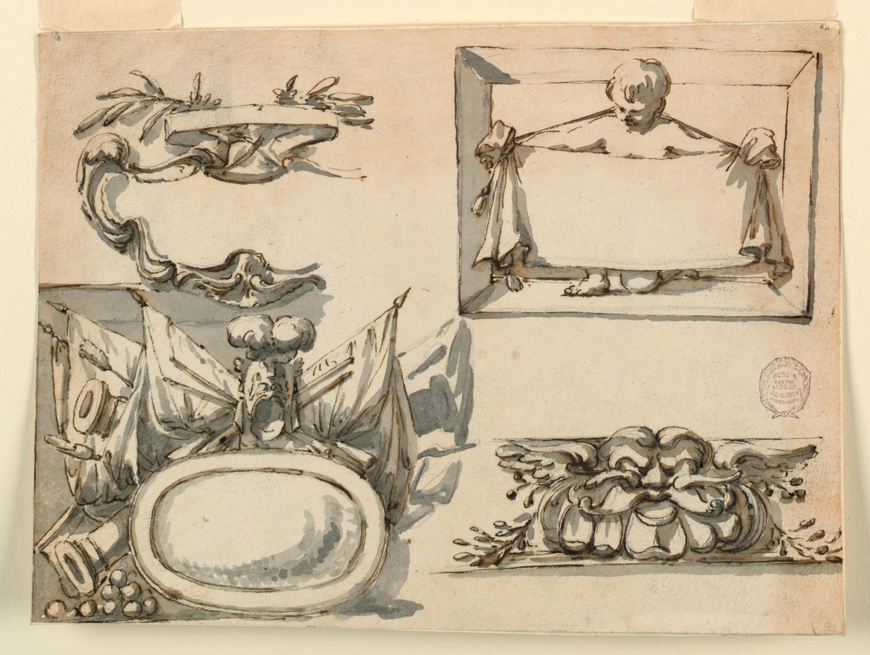Kresba, Rozeta, trofej, štítek, dekorativní motiv pro vlys, 1750-75 od Filippo Marchionni
