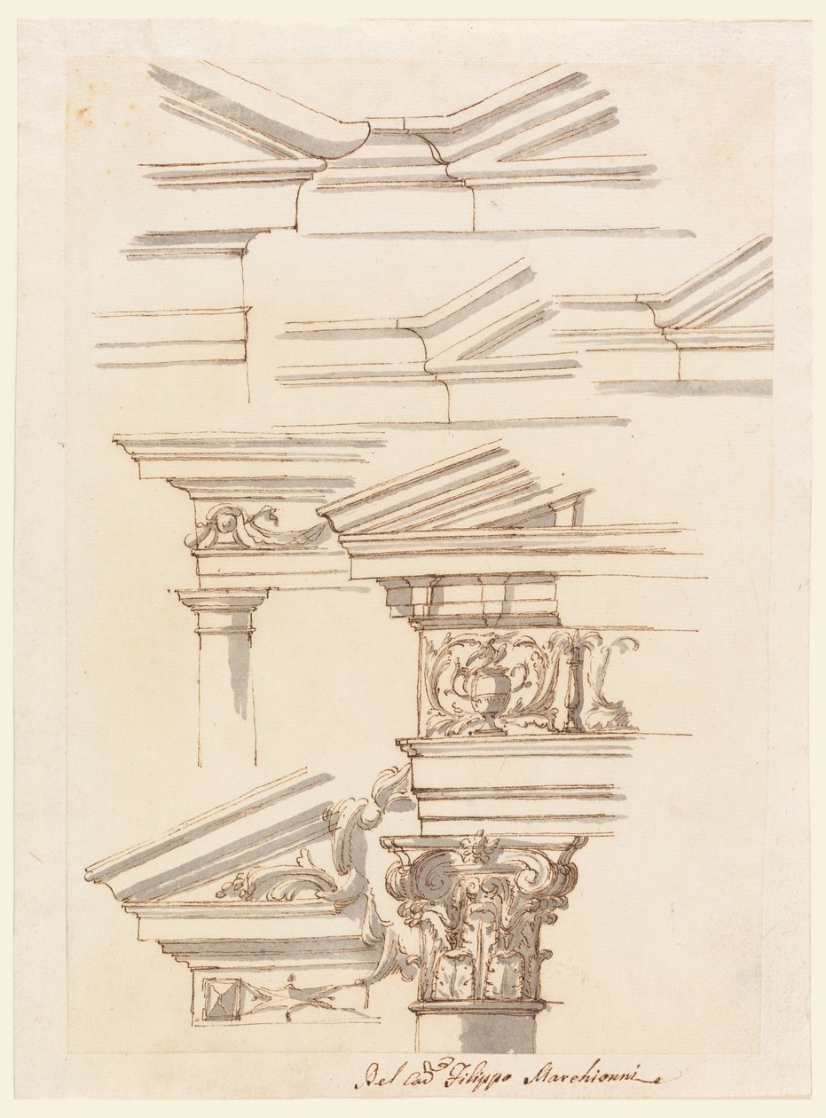 Kresba, Studie pro entablatury a fronton, asi 1770 od Filippo Marchionni