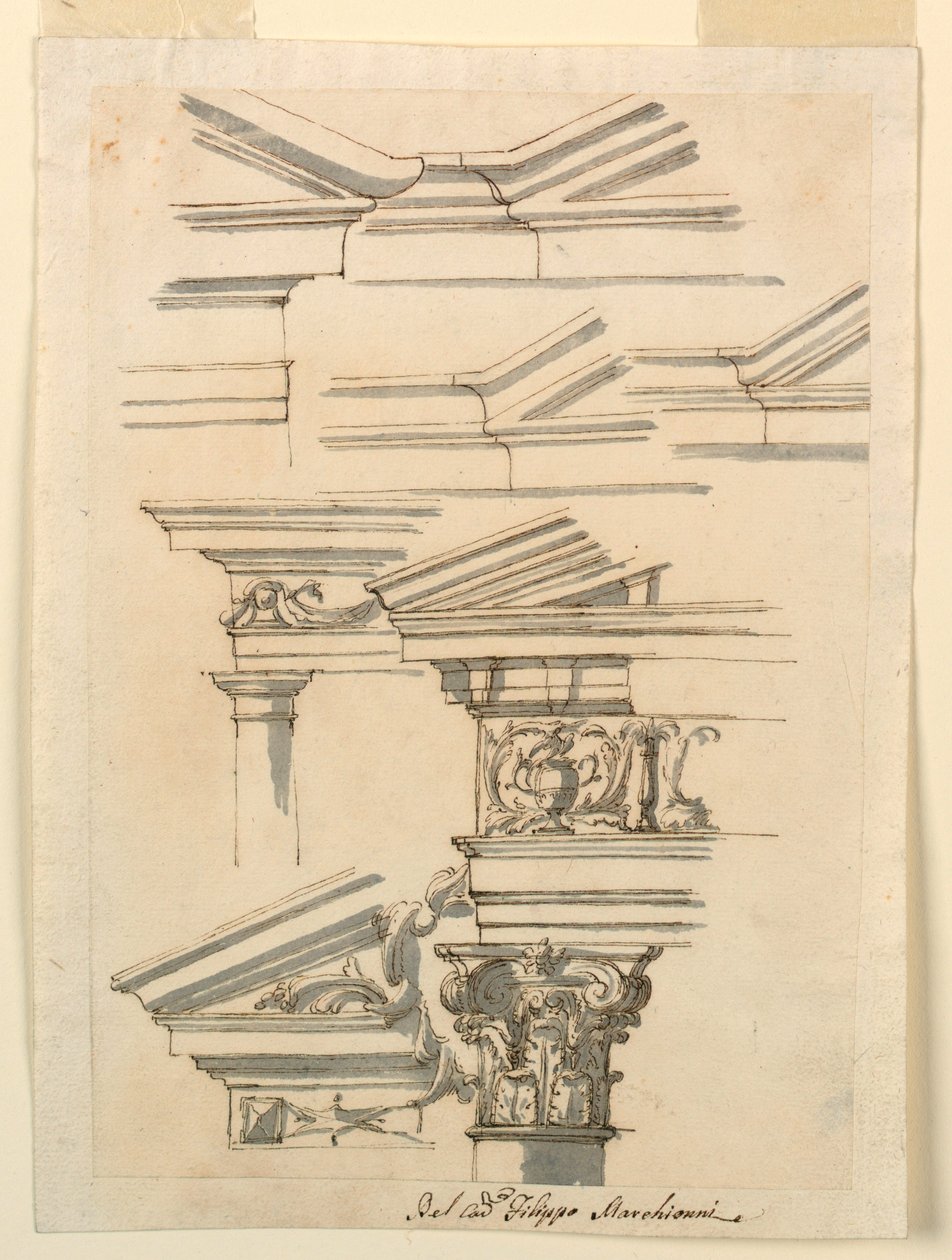 Kresba, Studie pro entablatury a fronton, asi 1770 od Filippo Marchionni