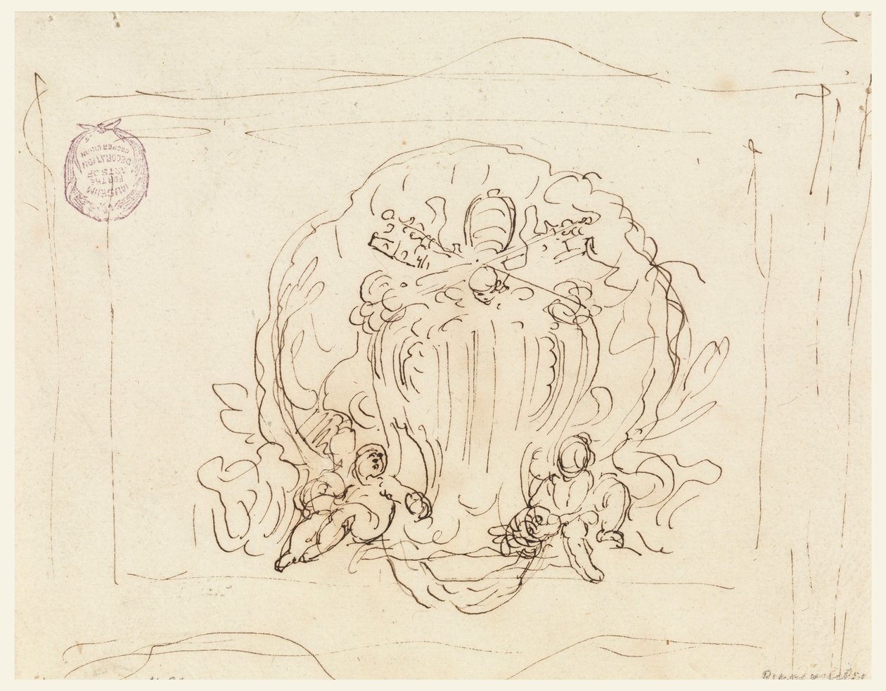 Kresba, Deska s erbem papeže Benedikta XIV. s mušlí na pozadí, 1740-58 od Filippo Marchionni