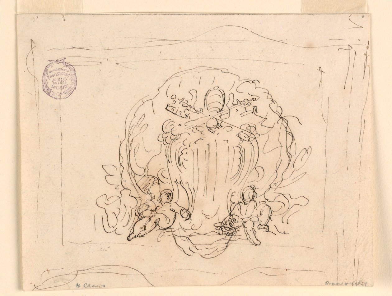 Kresba, Deska s erbem papeže Benedikta XIV. s mušlí na pozadí, 1740-58 od Filippo Marchionni