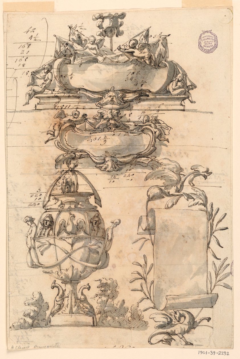 Kresba, Dvě rozety, dekorativní váza a svitek, 1750-75 od Filippo Marchionni