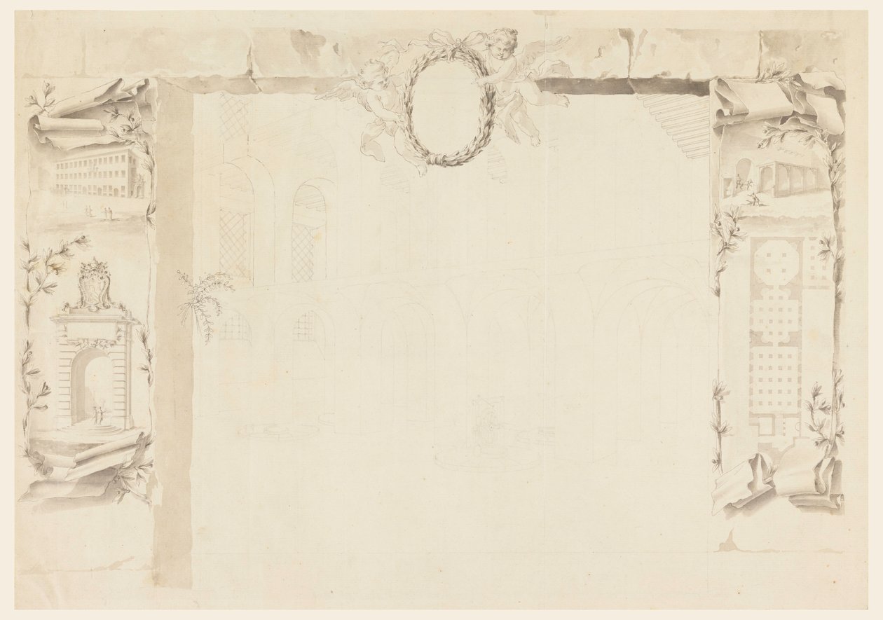 Kresba, Nedokončený návrh pamětního listu k výstavbě papežské továrny (Magazins of Annona), 1760-69 od Filippo Marchionni