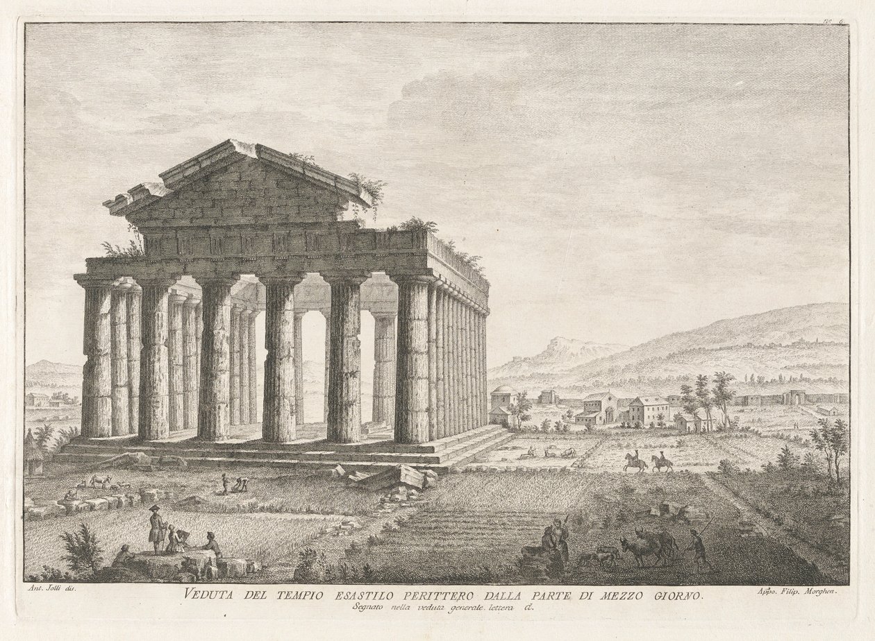 Pohled na Peripteral Hexastyle Temple z jihu, z Antichitu? z Pesto (starožitnosti Paestum) od Filippo Morghen