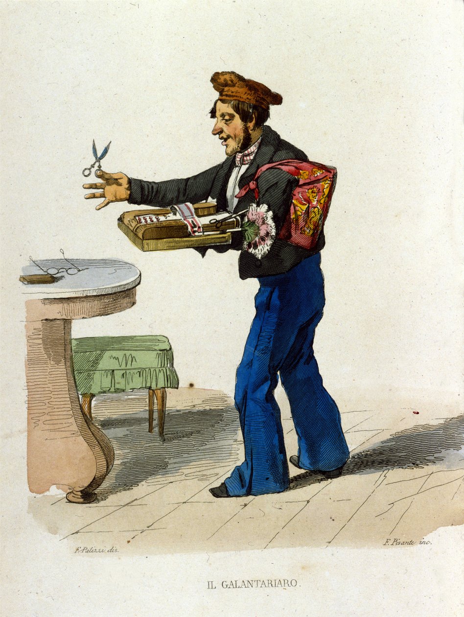 Galantry kauppiaat (pikkukauppiaat) Napolissa. Nämä katukauppiaat tarjosivat kosmetiikkaa. - Värillinen kuparikaiverrus F. Palizzan maalauksen jälkeen (Francesco de Bourcardin "Costumi del regno"). od Filippo Palizzi