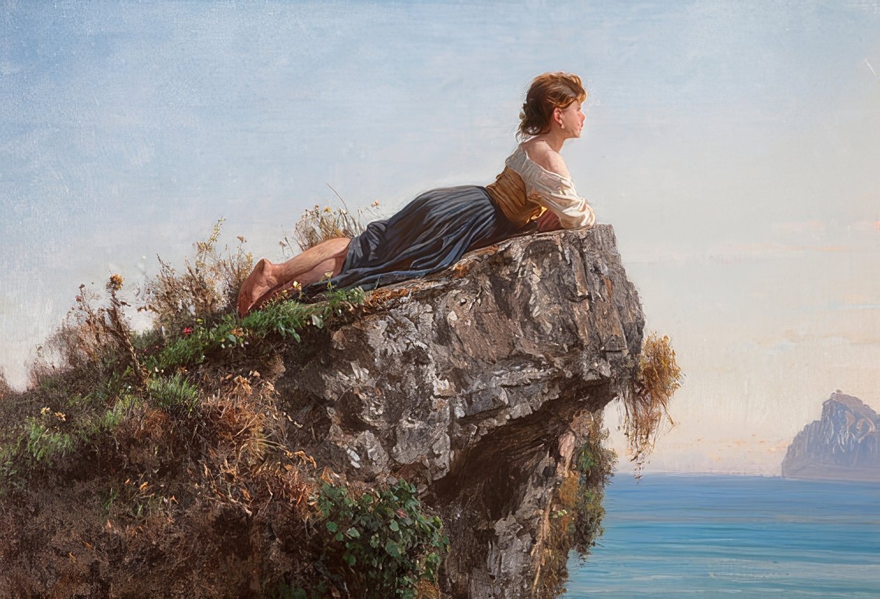 La fanciulla sulla roccia a Sorrento (Dívka na skále v Sorrentu). 1871 od Filippo Palizzi