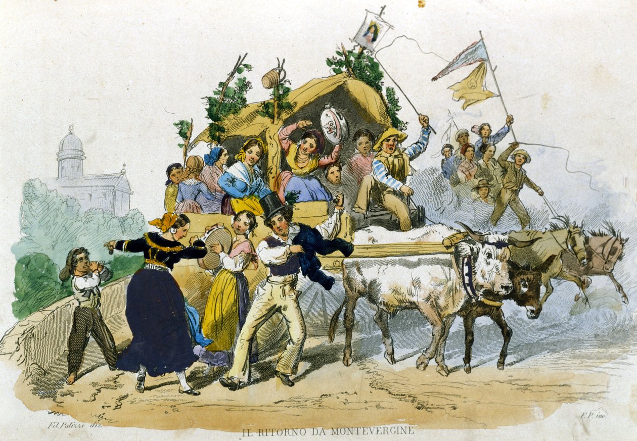 Neapolci se z exkurze do Montevergine vesele vracejí. Kresba F. Palizzi z „Costumi del regno di Napoli““ od De Bourcarda od Filippo Palizzi