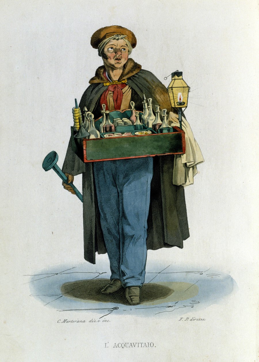 Malý podnik města Neapol: obchodní cestující s brandy. Rytina podle obrazu F. Palizzy. Z díla Francesca de Bourcard „“ Costumi del regno di Napoli““ od Filippo Palizzi