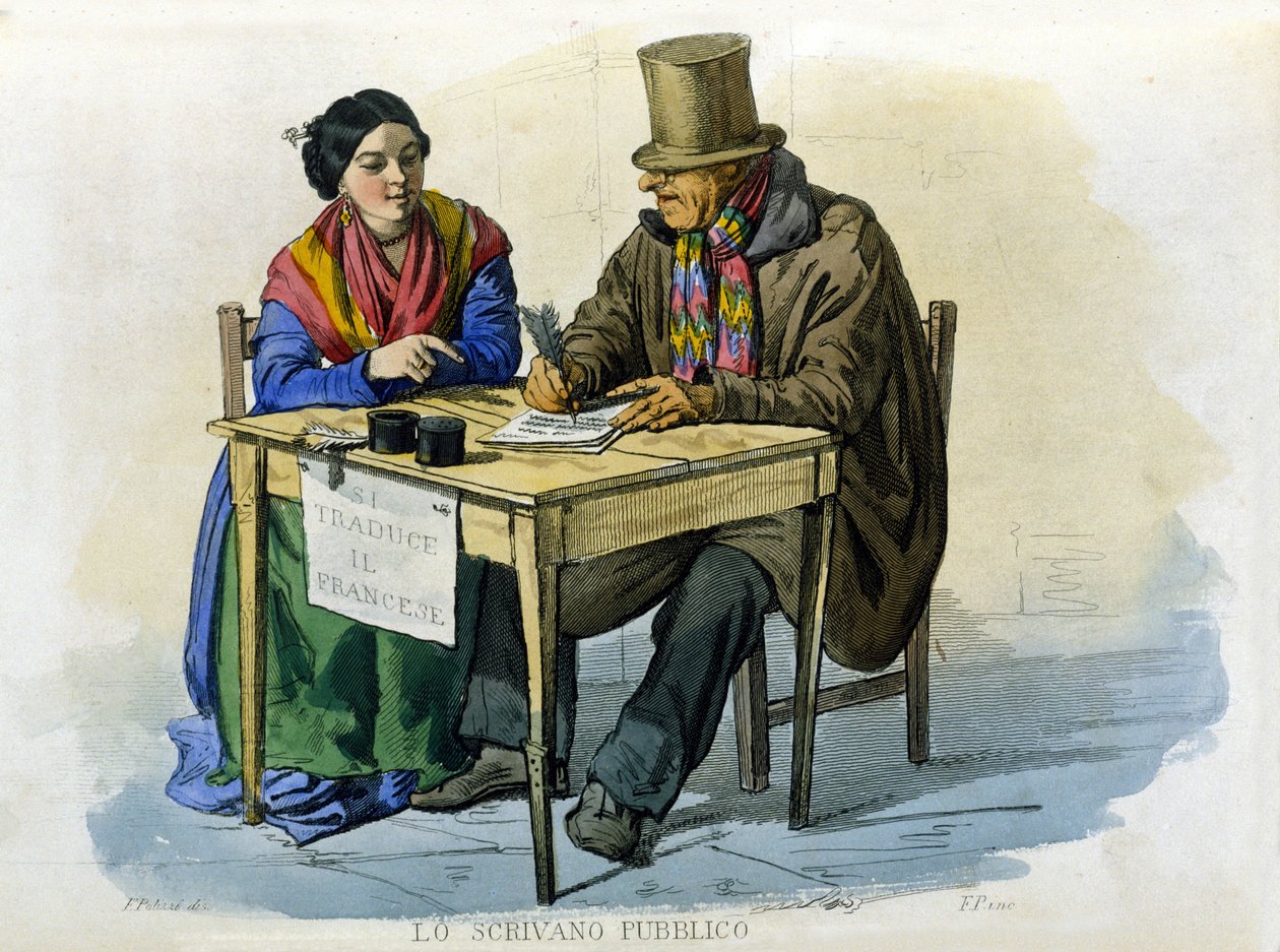 Malý podnik města Neapol: veřejný spisovatel. Rytina podle obrazu F. Palizzy. Z díla Francesca de Bourcard „“ Costumi del regno di Napoli““ od Filippo Palizzi