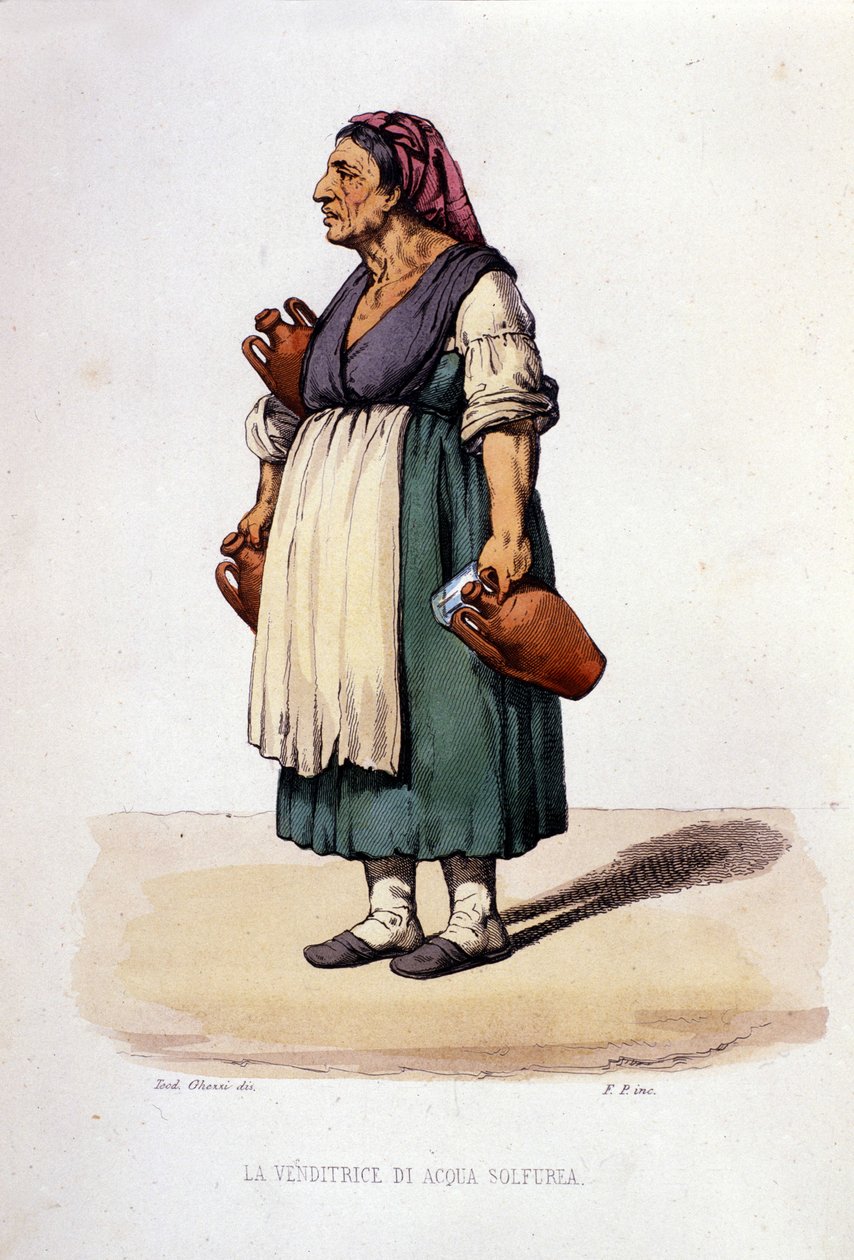 Malý podnik města Neapol: chodící prodavačka sirné vody. Rytina podle obrazu F. Palizzy. Z díla Francesca de Bourcard „“ Costumi del regno di Napoli““ od Filippo Palizzi