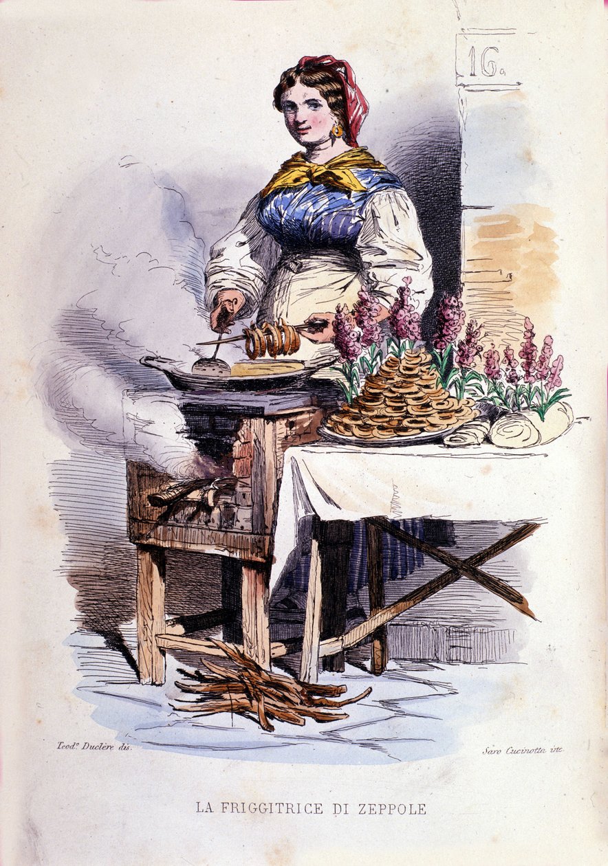 Malý podnik města Neapol: chodící prodavačka zeppolle, speciální cukrárna z Neapole. Rytina podle obrazu F. Palizzy. Z díla Francesca de Bourcard „“ Costumi del regno di Napoli““ od Filippo Palizzi