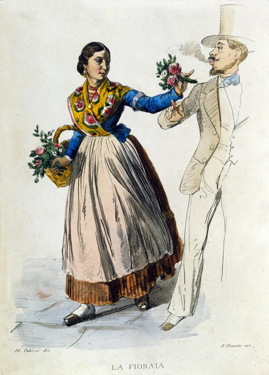 Malý podnik města Neapol: mladá květinářka pečující o kytici elegantnímu muži. Rytina podle obrazu F. Palizzy. Z díla Francesca de Bourcard „“ Costumi del regno di Napoli““ od Filippo Palizzi