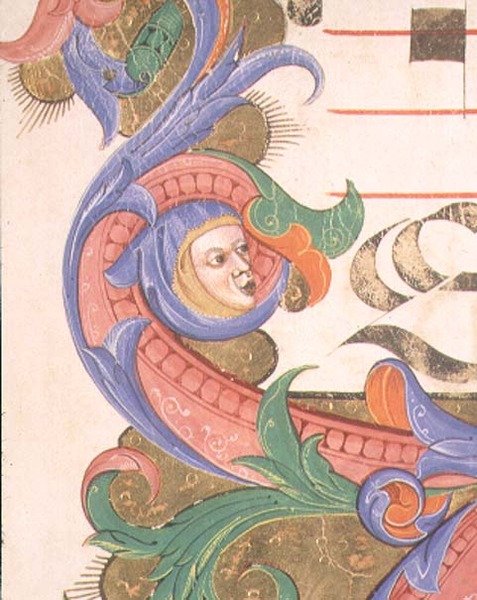 Misál 515 f.156r Zoomorfní listí se zahalenou hlavou, detail ozdobného okraje ze Sborové knihy provedené před rokem 1449 od Filippo di Matteo Torelli