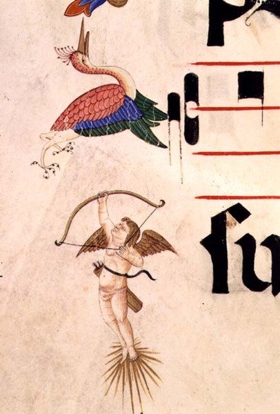 Misál 515 f.5r Cherubín střílející lukem a neviditelným šípem na čápa, detail ozdobného okraje ze Sborové knihy provedené před rokem 1449 (vellum) od Filippo di Matteo Torelli