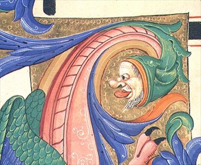 Misál 515 f.73v Zoomorfní listí zobrazující mužskou hlavu táhnoucí obličej, detail z výzdoby historické iniciály ze Sborové knihy provedené před rokem 1449 (vellum) od Filippo di Matteo Torelli