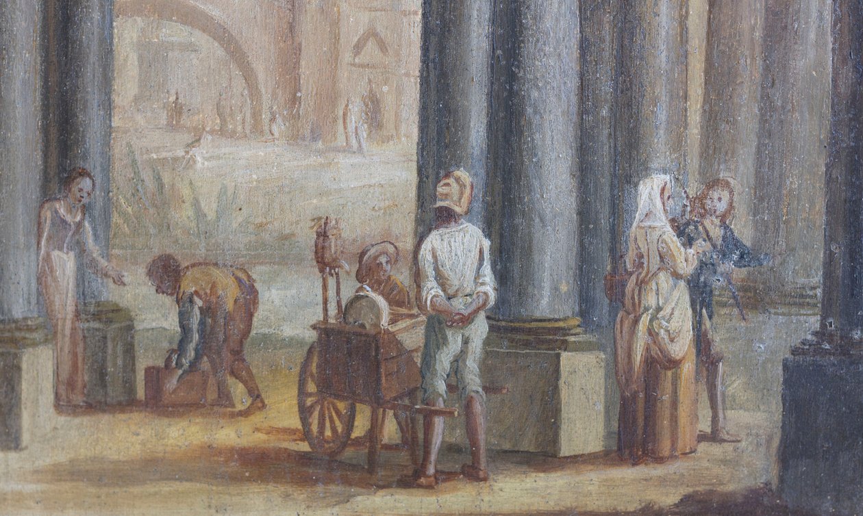 Žánrová scéna, olej na dřevě, detail okenice oken salonu, Královnin byt, Lovecká rezidence, Filippo Juvarra (1678-1736), Stupinigi, Piemont, Itálie od Filippo or Juvara Juvarra