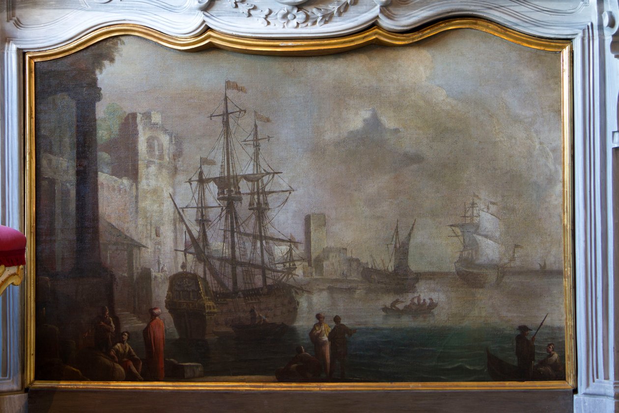 Malba mořské krajiny, zástěna s krbem, lovecká rezidence, od Filippa Juvarry (1678-1736), Stupinigi, Piemont, Itálie od Filippo or Juvara Juvarra