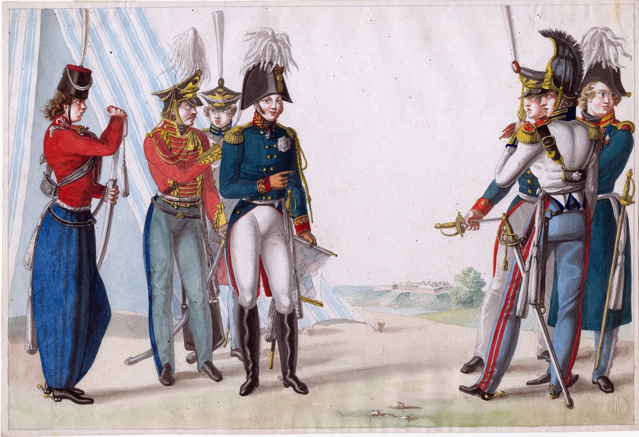 Alexandre Ier, car de Russie (1777-1825) - Car Alexandr I. a ruští důstojníci - Finert (Finart), Noel Dieudonne (1797-1852) - 1815 - Akvarel na papíře - 23,3x34,5 - Soukromá sbírka od Finart Noël Dieudonné