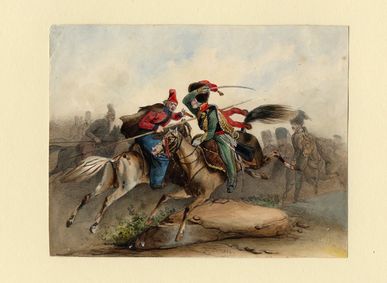 Francouzští závodníci císařské gardy v boji s ruskými kozáky, c. 1830 od Finert