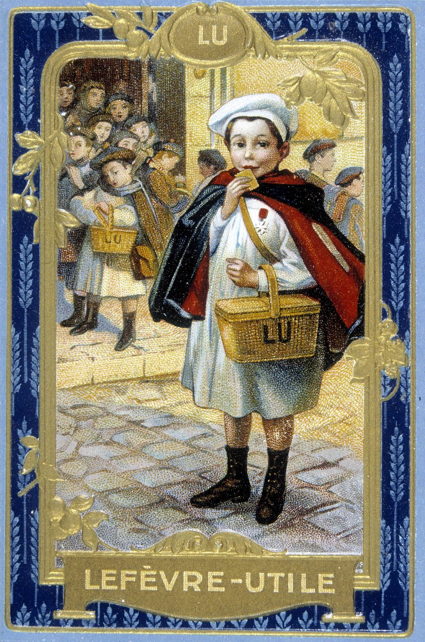 Reklama na cookie „“ Lefèvre-Useful: Lu““ (školák). sd. Chromolitografie 19. století podle původní kresby Firmina Bouisseta. od Firmin (after) Bouisset