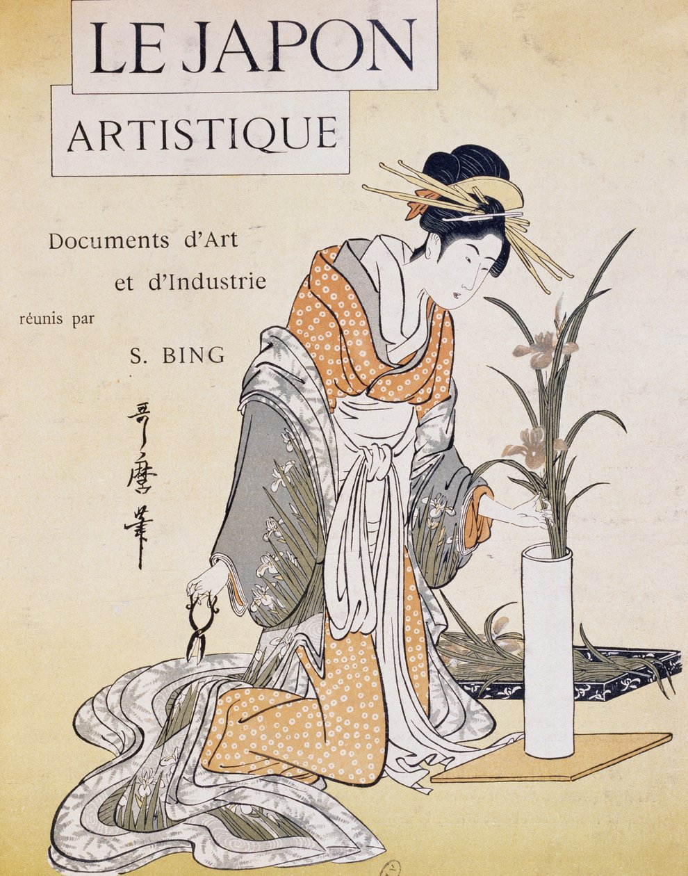 Žena aranžující květiny do vázy, obálka Firmin Gillot (1819-1872), Le Japon Artistique (japonské umění), umělecké a průmyslové dokumenty shromážděné Siegfriedem Bingem (1838-1905), měsíční publikace červenec 1889, Francie od Firmin Gillot