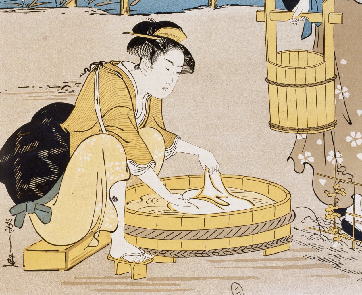 Ženy mytí v řece, obálka Firmin Gillot (1819-1872), Le Japon Artistique (japonské umění), umělecké a průmyslové dokumenty shromážděné Siegfriedem Bingem (1838-1905), měsíční publikace červenec 1889, Francie od Firmin Gillot
