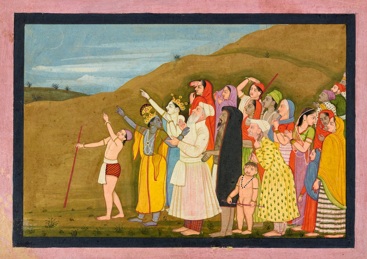Krišna a jeho rodina obdivují zatmění Slunce, možná stránku z „Kangry/Modi“ <em>Bhagavata Purana</em> od First generation after Nainsukh