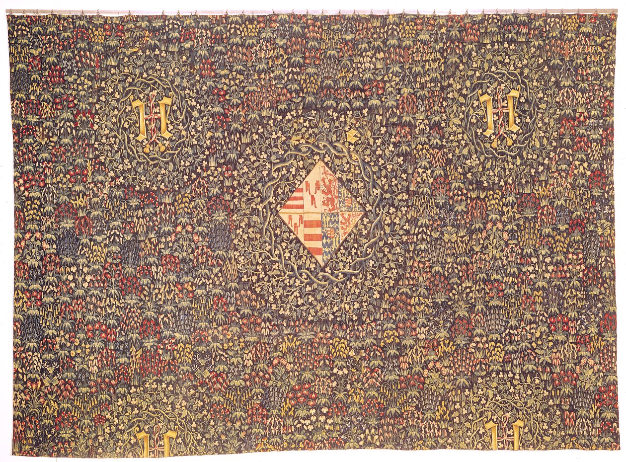 Mille fleurs s erbem Jacqueline Lucemburské (nar. 1439) (tapisérie) od Flemish School
