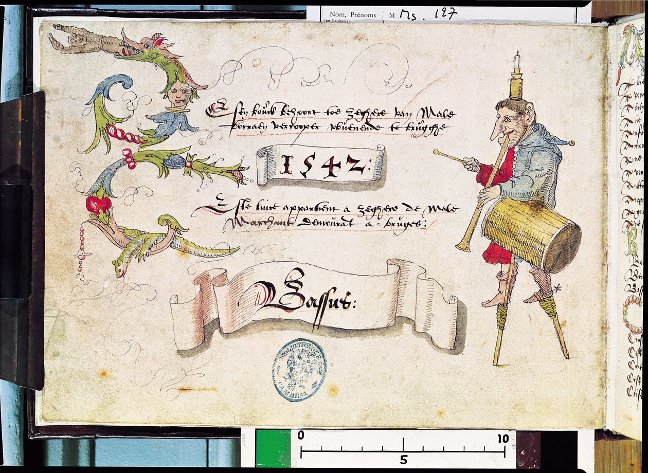 Ms 127 Frontispis „Receuil des Chants Religieux et Profanes III“ zobrazující blázna na chůdách s hudebními nástroji a svíčkou na hlavě, 1542 od Flemish School