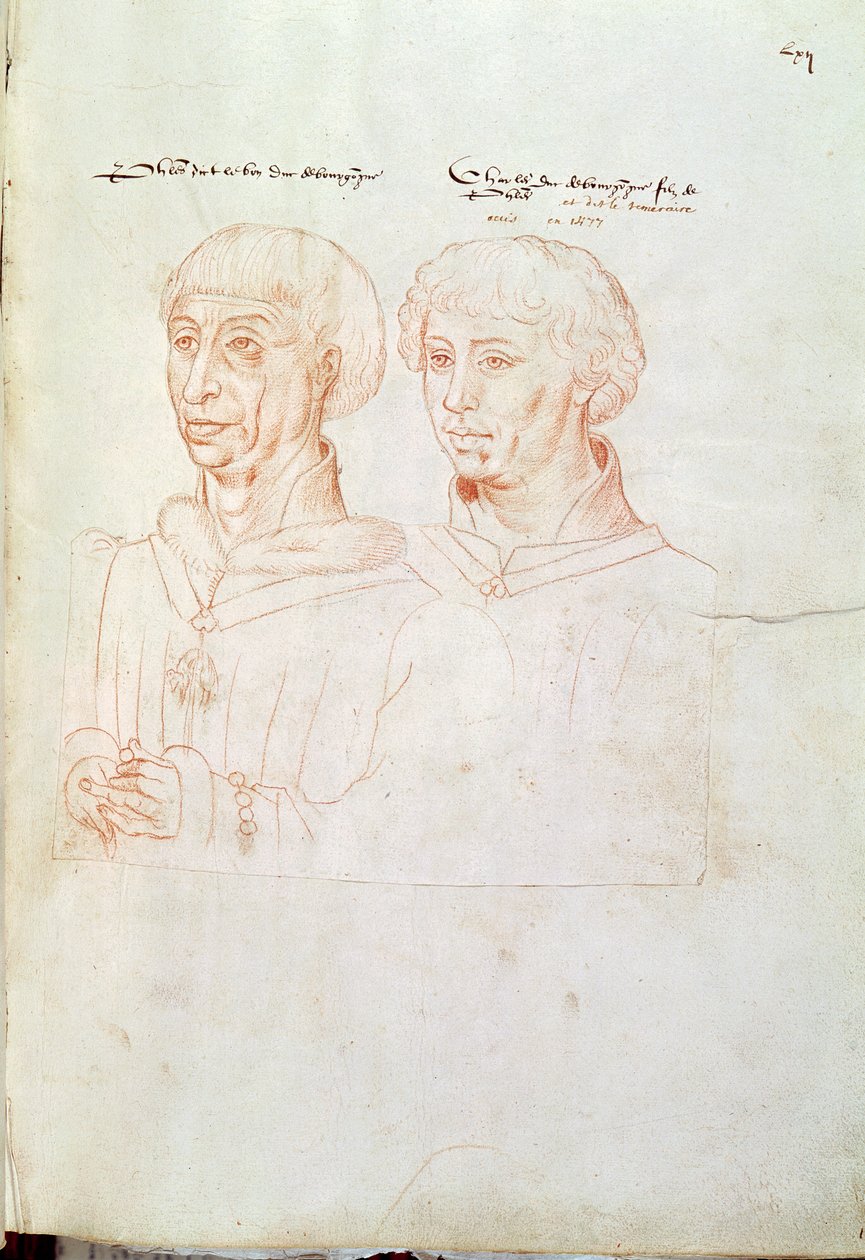 Ms 266 f.61 Filip III. Dobrý (1396-1467) vévoda z Burgundska a jeho syn Karel Smělý (1433-77) z „Recueil d